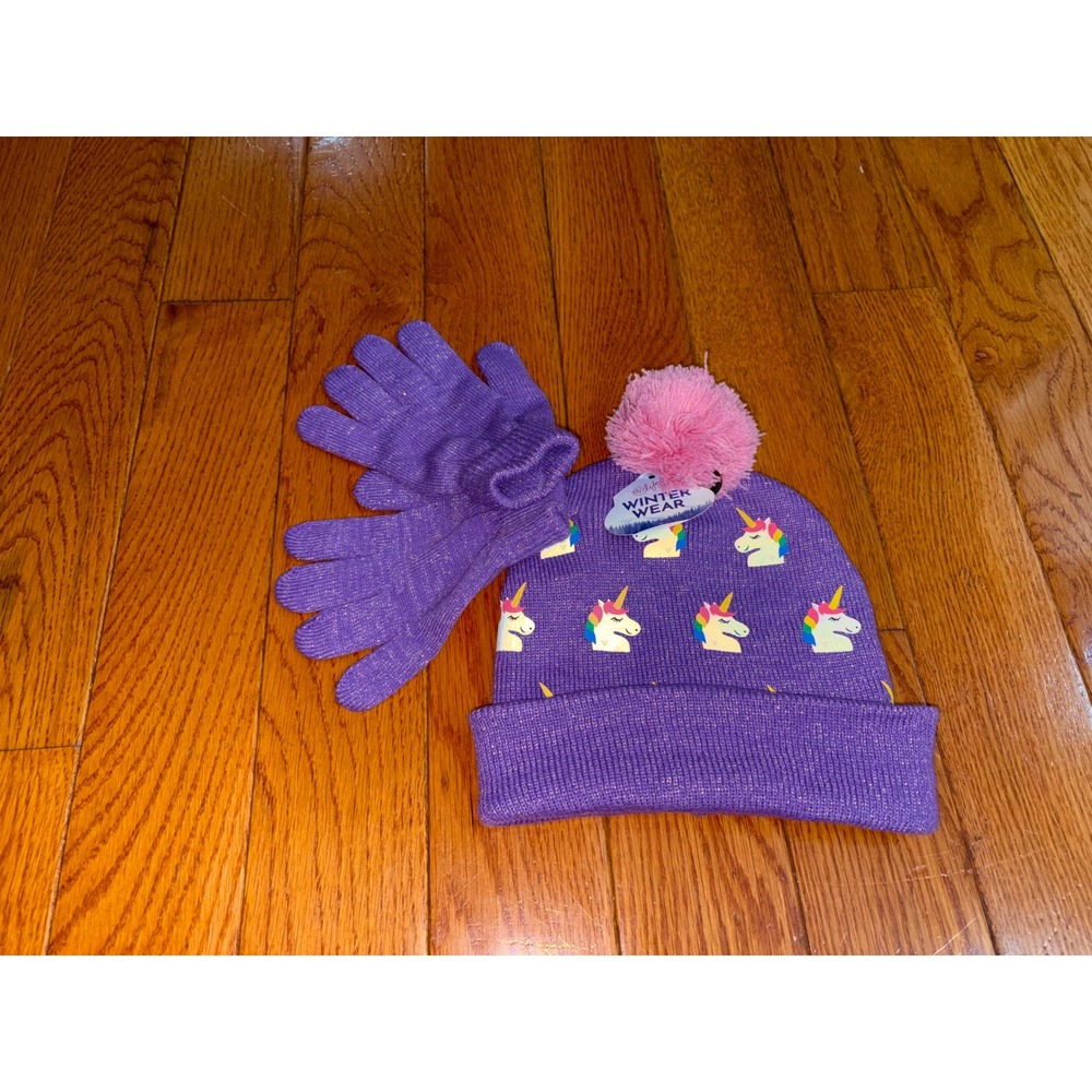 24/7 Life Kids Purple Unicorn Beanie Hat and Glove Set Pom-Pom Winter Wear NEW